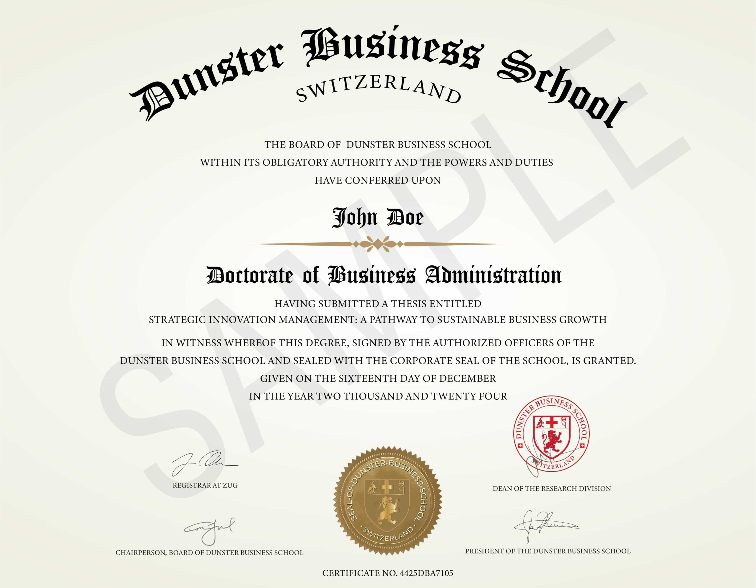 Sample Dunster Business School Doctorate in Business Administration certificate